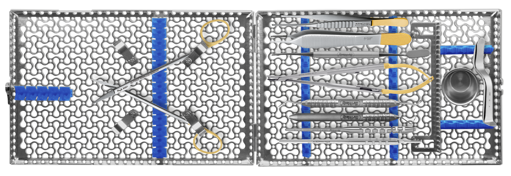 Essential Implantology Kit cassette with the instruments included in the set