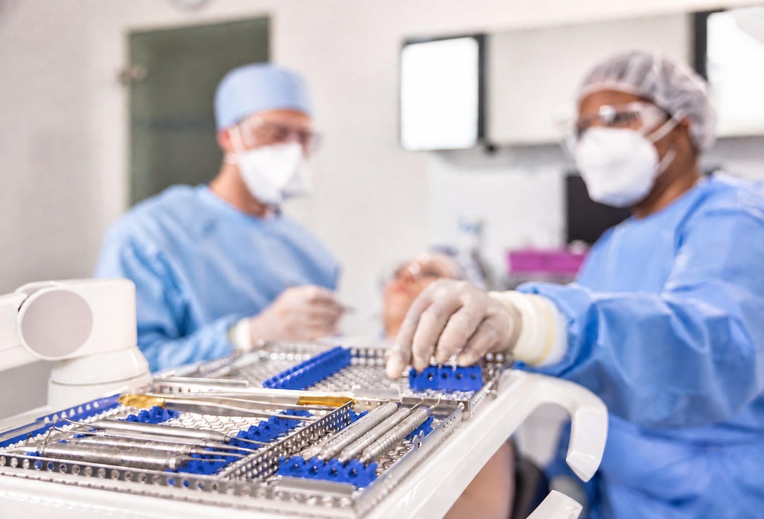 Implantology instruments arranged for a surgical procedure
