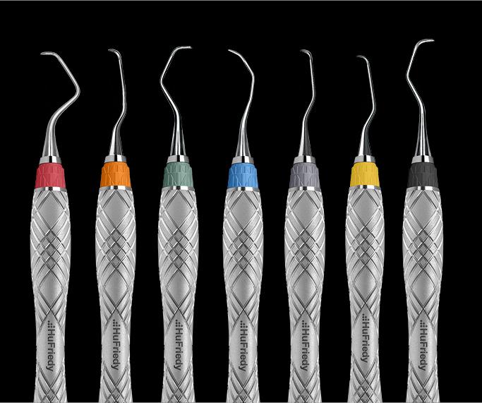 Sept instruments ergonomiques Harmony avec des manchons rouges, orange, verts, bleus, violets, jaunes et gris